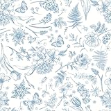 CiCiwind Self Adhesive Wallpaper 44CM×3M White Blue Floral Wallpaper Waterproof Peel and Stick Wallpaper Flower Leaf Butterfly Stick on Wallpaper Thicken Sticky Back Plastic for Wall Cabinets Decor