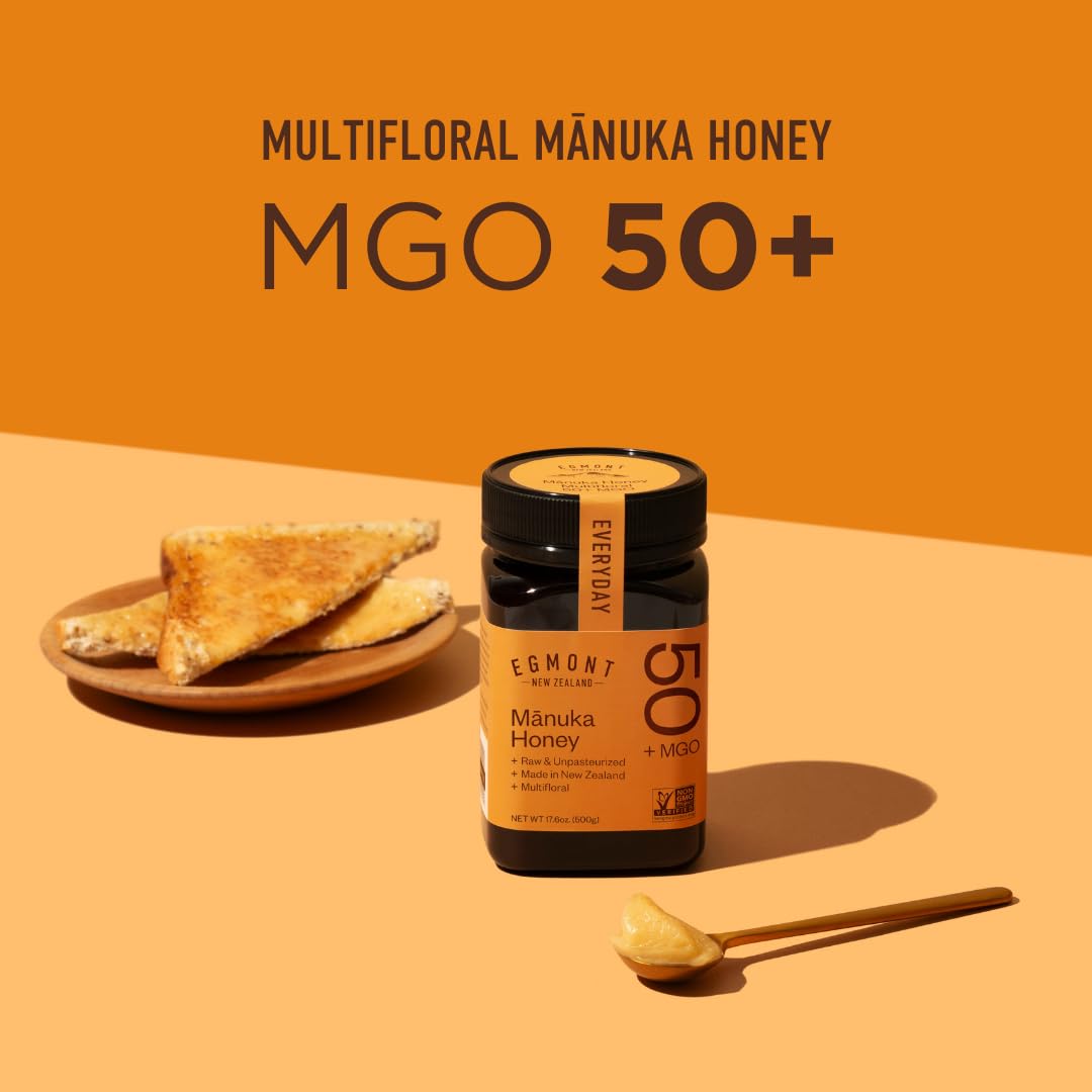 Egmont Honey Raw Manuka Honey MGO 50+ 17.6oz (500g) NON-GMO, Kosher, Recycled plastic jar, Traceable 100% Pure Authentic New Zealand Honey, MGO Certified