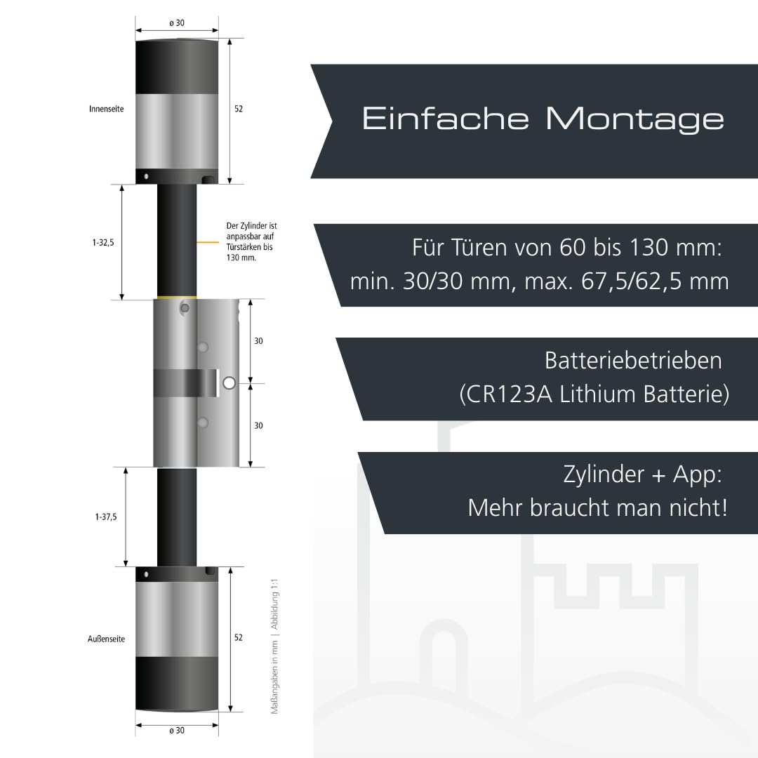 BURG-WÄCHTER Elektronischer Türzylinder, Öffnung mit App, Pincode, Fingerabdruck, Aktiv- oder Passivtransponder, Gewerbe- und Privatnutzung, ENTRYpro 7000 ZYLINDER, Schwarz/Aluminium