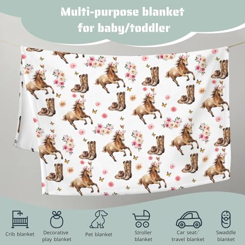 Image of HawSkgFub Horse Rose Floral Baby Blankets Girls Shower Gift, Western Cowgirl Hat Boots Pink Flower Fleece Nursery Bed Receiving Swaddle, Wild West Soft Newborn Infant Toddler Kids Crib Bedding 30 x 40