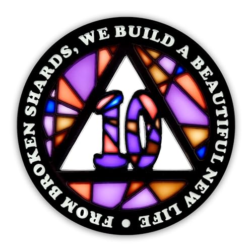 Image of Stained Glass 10 Year AA Chip Sobriety Coin Medallion, Fragments to Freedom Alcoholics Anonymous Addiction Recovery Anniversary Token, Inspirational Sober Gifts for Men and Women by the Token Shop