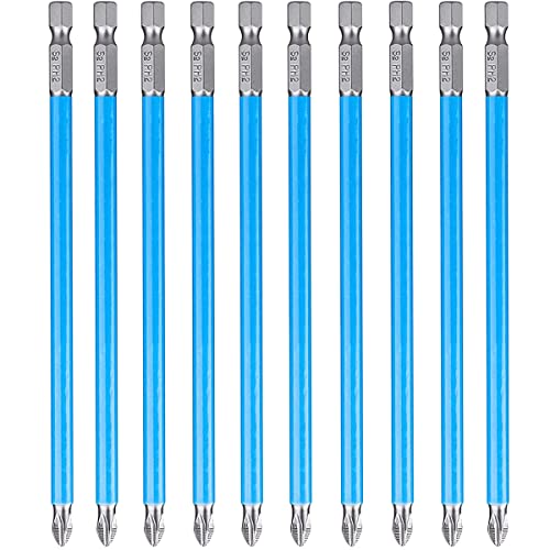 Treki 10PCS Puntas de Destornillador Magnético PH2 Cruz Puntas Magnéticas de Aleación de Acero Largas Puntas de Impacto Antideslizantes S2 Destornillador de Puntas de 1/4 '' Vástago Hexagonal 150mm