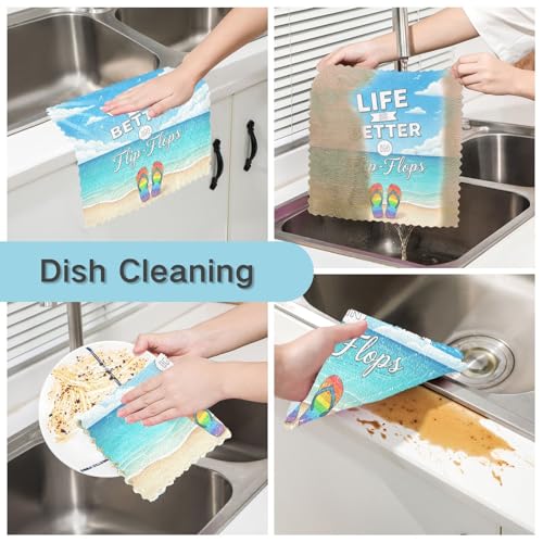 Image of Cotton Kitchen Dish Cloths, Life is Better in Flip-Flops Inspiration Quote on Ultra Soft Absorbent Quick Drying Dish Towels, 11 x 11 Inches, 6-Pack, Reusable Cleaning Cloths