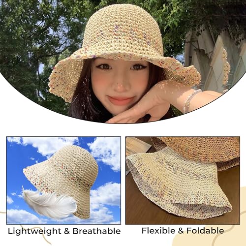 Image of Kraptick Headwear Hats - Lightweight Crocheted Straw Hat for Women, Foldable Summer Beach Hat with UV Protection & Stylish Travel Cap with Wide Brim