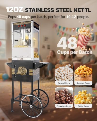 Image of 12 oz Commercial Popcorn Machine Cart with Candy Dispenser, Pop Corn Machine Maker Makes Up to 48 Cups, Movie Theater Popcorn Machine with 3-Switch Control&Stainless-Steel Kettle, Black