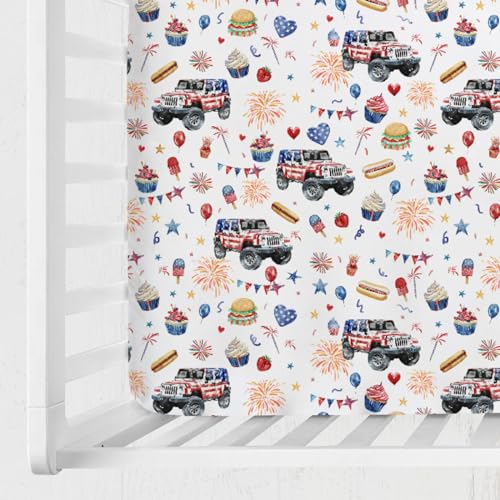 Image of American Flag Trucks Crib Mattress Sheet 52''x28'' 4th of July Patriotic Stars Burgers Stretchy Fitted Crib Mattress Sheet for Boy Girl Soft Nursery Baby Sheets for Standard Crib and Toddler Mattress