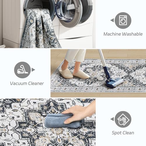 Madane Runner Rug 2x8, Washable Hallway Runner Rugs, Non-Slip Low-Pile Soft Kitchen Rug Runner Laundry Room Rug, Vintage Throw Entry Foyer Mat for Entrance Living Room (Black, 2 x 8)