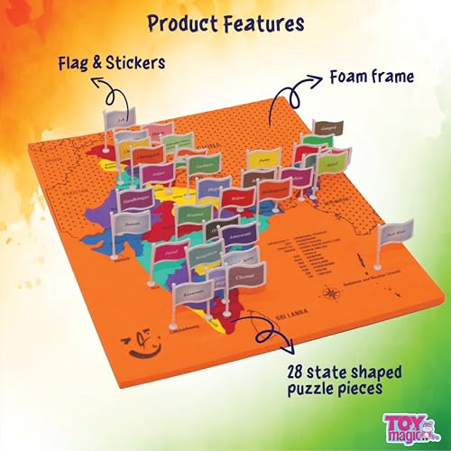 Image of ToyMagic India Capital Map Puzzle | Learn Indian States and Capitals, Geography for Kids,Learning & Educational Toys |Board Puzzle Game for | 25 Pieces Puzzles for Ages 4