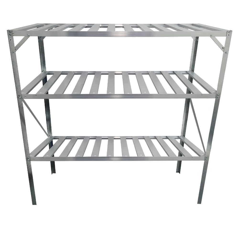 Greenhouse Staging Shelving Aluminium With Steel Legs Free Standing 1 2 Or 3 Tier Green Or Silver (Silver - 3 Tier Staging Bench)