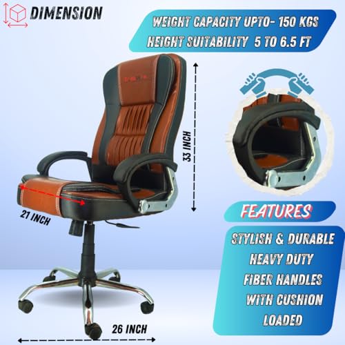 Image of NEWTURN Dragon HIGH Back (Pre Assembled) with Heavy Duty Metal Stand Premium Leather Ergonomic Boss Revolving Office Chair with 2 Years Warranty (Premium Tan Black)