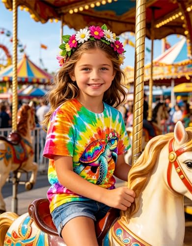 Image of SunFoucs Girls Kids Shirts Size 5-12 Tie Dye Casual Tshirt Short Sleeve Crewneck Tee Top | Short Sleeve Rainbow Tee Top