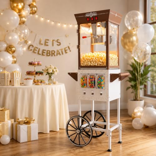 Image of 12 oz Commercial Popcorn Machine Cart with Candy Dispenser, Pop Corn Machine Maker Makes Up to 48 Cups, Movie Theater Popcorn Machine with 3-Switch Control&Stainless-Steel Kettle, White
