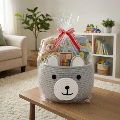 Image of CherryNow Baby Basket for Nursery, Bear Gift Baskets Empey for Kids, Diaper Caddy Baby Shower Basket, Cute Animal Baskets for Toy Storage, Light Grey, 10.5 inchD x 8.5 inchH