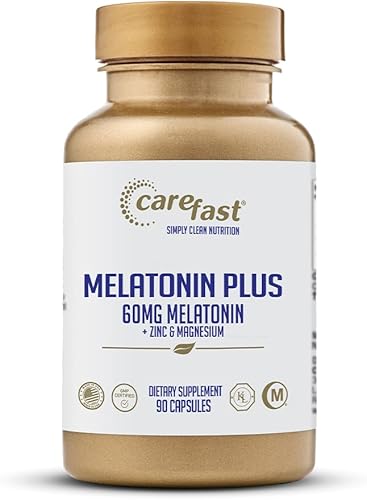 CAREFAST Melatonina Plus Extra Strength - Suplemento para dormir de alta dosis - Cápsulas de verduras de 60 mg - Acción rápida con zinc y magnesio