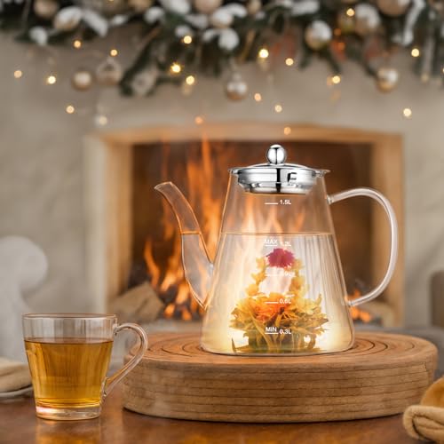 Image of 1500ml Glass Teapot, Large Tea Pot with Infuser for Loose Tea and Blooming Tea, Stovetop Safe Tea Kettle, Hand Crafted Borosilicate Glass Tea Maker with Scale Line, Tea Gift Set for Tea Lovers