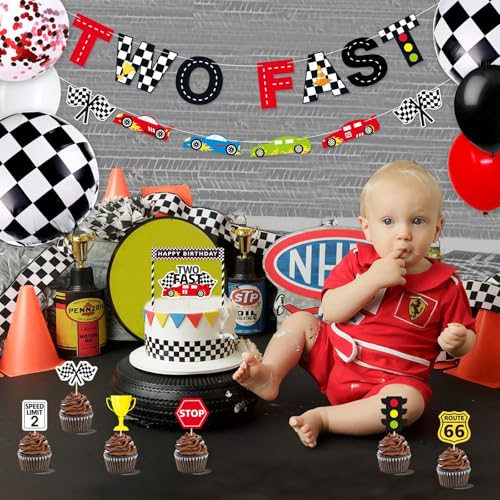Bessmoso Two Fast Race Birthday Decorations 52 Pcs Racing Car Party Supplies 2nd Fast Birthday Decorations Include Race Car Balloons Banner Cake Topper Cupcake for Racing Theme Party Decoration - image 5