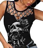Onsoyours Damen Sommer Halloween Übergroßes Modisches Racer Top mit Schrägen Schultern und Totenkopf Print Cooles T-Shirt Oberteile Frauen Kleidung Frau Crop Top Klamotten B Totenkopf Schwarz XXL