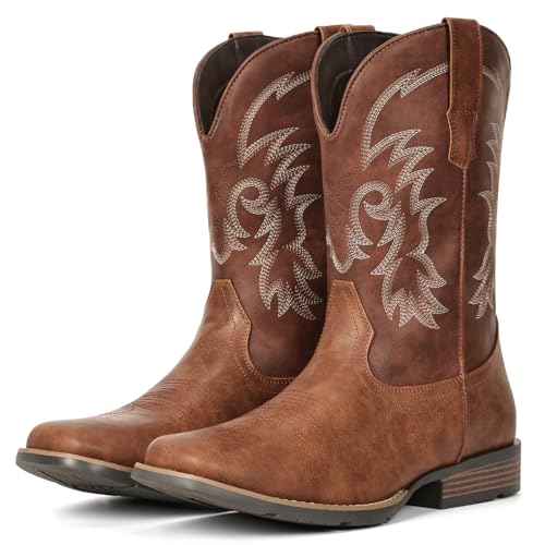 IUV Cowboy Boots for Men Square Toe Pull-On Western Boots with Classic Embroidery Slip & Oil Resistant Outsole Durable Heel for Stylish Casual and Country Wear