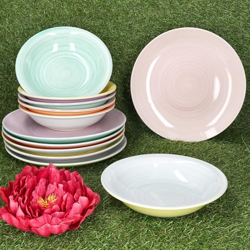 MamboCat Pastello12tlg Tafelservice I buntes Steingut-Geschirr mit Pastell-Farben für 6 Personen I 6X Speiseteller & 6X Suppenteller für Frühstück, Mittag & Abendbrot