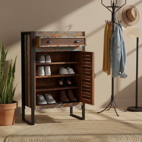 Image of APRODZ Reclaimed Wood Mauri 2-Door Shoe Cabinet with Drawer Storage Shoe Rack Organiser for Home