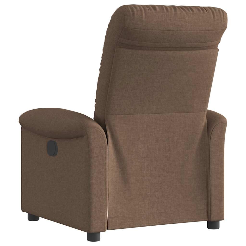 Fotel relaksacyjny, brązowy, materiał z regulowanym oparciem i podnóżkiem, ergonomiczny fotel wypoczynkowy z tapicerką, drewniana metalowa rama, kieszeń boczna do salonu, czytania, oglądania