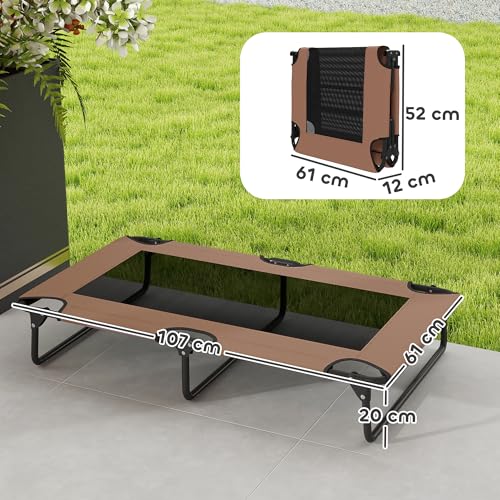 PawHut Hundeliege Outdoor, Erhöhtes Hundebett für große Hunde, klappbar Haustierliege mit Mesh Stahlrahmen Füßen, Haustierbett für Draußen Camping, 107x61x20 cm, Kaffee