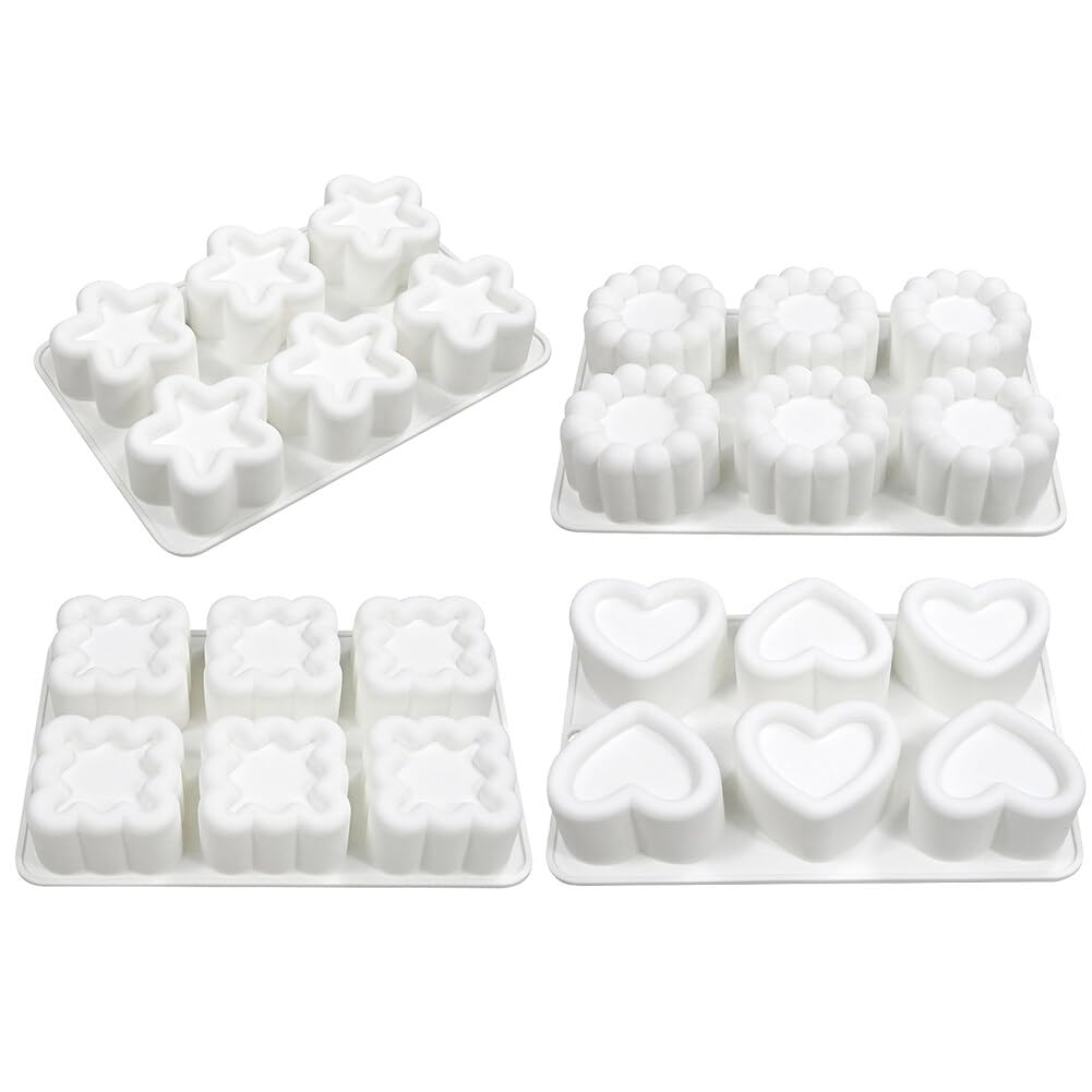 Moldes de silicona de 6 cavidades con forma de flor, corazón, estrellas, cuadrados, para decoración de cubitos de hielo para tartas caseras, chocolate, magdalenas, moldes para manualidades (4