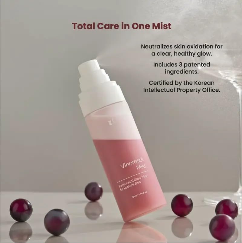 KI Vinoreset Mist Resveratrol Glow Mist for Radiant Skin - Resveratrol Infused Hydrating Mist for Daily Use Moisturizer Moisture 80ml / 2.70 fl.oz.