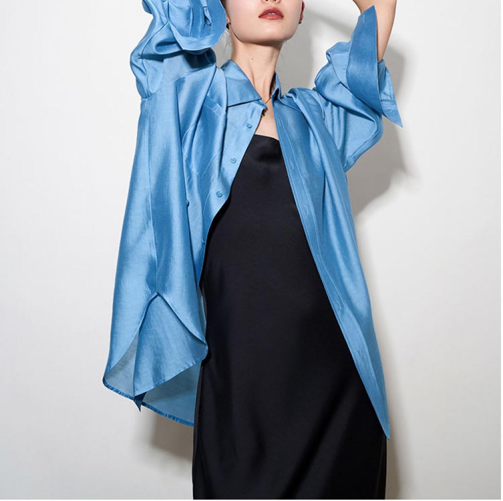 Chemise Femme Chic,Chemisier Femme Chemises À Manches Longues Bleu Chemise Boutonnée À Revers Léger Voir À Travers La Dissimulation Avec Poche Cardigan Élégant Kimono Chemise De Travail Veste