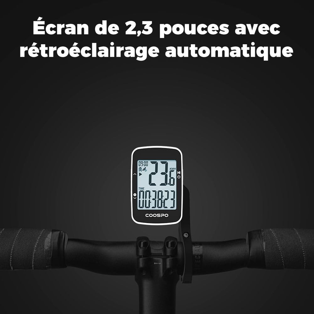 COOSPO BC26 Compteur Velo sans Fil GPS, Bluetooth 5.0 Ordinateur Vélo GPS Kilométrique Odomètre, Écran LCD rétroéclairé de 2.3 Pouces Compatible avec Strava, Route et VTT