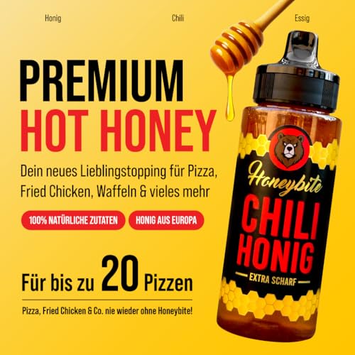 Hot Honey Extra Scharf | Chili Honig Extra Scharf | Hot Sauce | Extra Spicy Honey | Pizza Honig mit echten Chilis - Glutenfrei | 340 Gramm