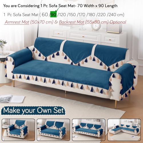 Image of HOKIPO Sofa Cover Mat with Tassel for 1 /2 /3 Seater & L Shape Sofa | DIY Sofa Cover Set | Dyed Holland Velvet | 'TasselTone Series' 70(W) x 90(L) cm |Sea Blue (IN-1105-BL)