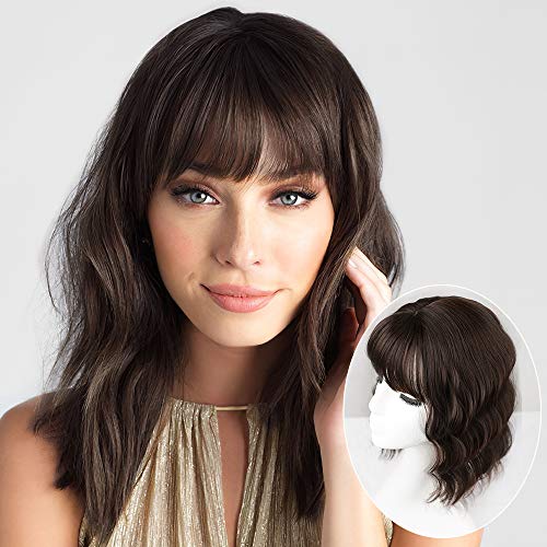 Vigorous Wavy Hair Toppers with Bangs for Women Hair Extension Clip in Top Crown Hairpieces for Thinning Hair 14 inches(Chocolate Brown)