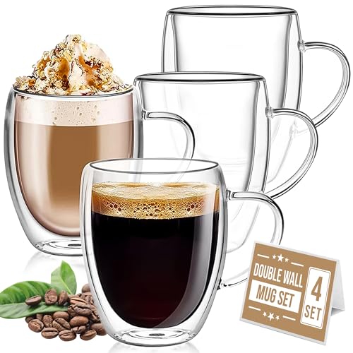 CRYSTALIA Doppelwandige Latte Macchiato Gläser, 4er Set 350ml Doppelglas Kaffeetassen mit Henkel, Kaffeegläser, Cappuccino Tassen, Doppelt Isolierte Espresso Tassen, Doppelglasbecher Kaffeetasse