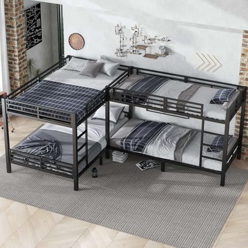PUGSDRLY Lit Superposé Enfant 90/140x200cm à Métal,Lit Superposé 4 Places avec Sommier à Lattes Robuste,Pieds Renforcés,Barrières Hautes,pour...
