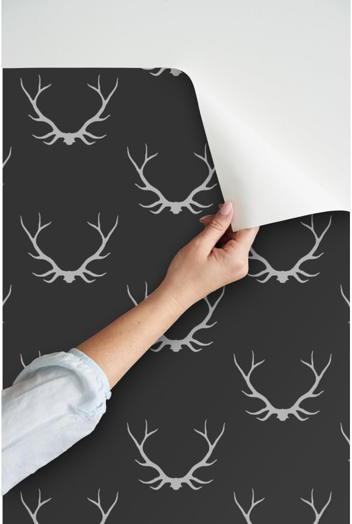 Peel & Stick Wallpaper 3ft x 2ft - Antlers Black Gray Buck Deer Woodland Lodge Custom Removable Wallpaper by Spoonflower