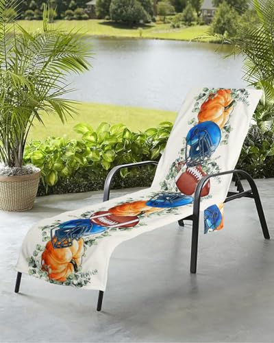 Fall Pumpkins Beach Chair Towel Covers for Chaise Lounge with Side Pocket, Soft Plush Pool Towels Cover for Patio Sunbathing Outdoor 29''x85'' Autumn Football Blue Baseball Eucalyptus