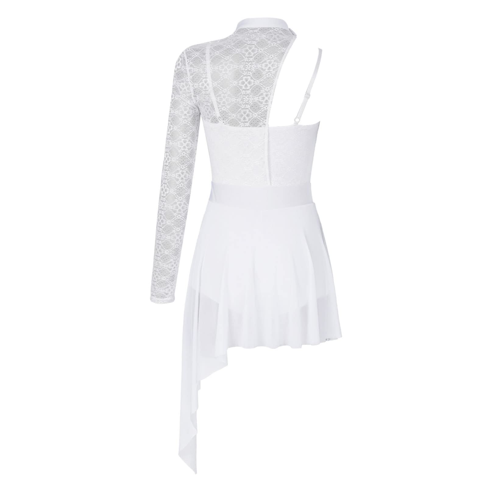 ranrann Femme Robe Danse Classique Manches Longues Une Epaule Dentelle Asymétrique Robe Danse Latine Justaucorps Gymnastique Ballet Dancewear XS-XL