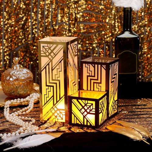 Image of Rossesay 24 Pcs Roaring 20s Centerpieces for Table 3 Size Speakeasy Black and Gold 1920s Birthday Party Decor Lighted Paper Lantern with LED Candle for Vintage Retro Jazz Wedding Speakeasy Party