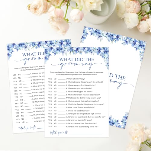 Image of What Did The Groom Say Bridal Shower Games, 25 Blue Floral Wedding Shower Game Cards Set, Engagement Party Game for Guests, Wedding Games for Reception, Minimalist Marriage Party Supplies-02