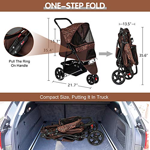 Kinpaw Pet Stroller Foldable Cat Dog Stroller Carrier w/3 Wheels, Storage Basket and Removable Liner, Leopard Brown - Thumbnail 2