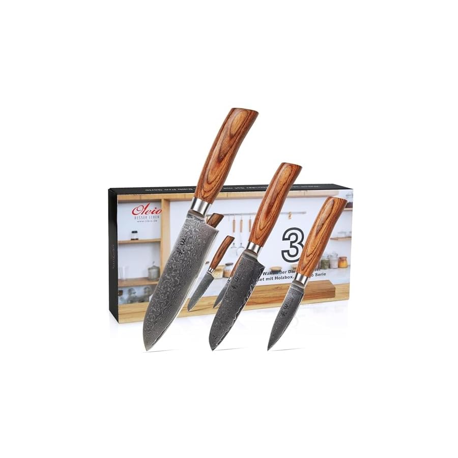 Wakoli Damascus Kitchen Knife Set, 6 Piece Professional Chef Knife Set made from 67 Layers of Damascus Steel with VG10 Core, Knives Set for Kitchen with Pakkawood Handles in Wooden Gift Box