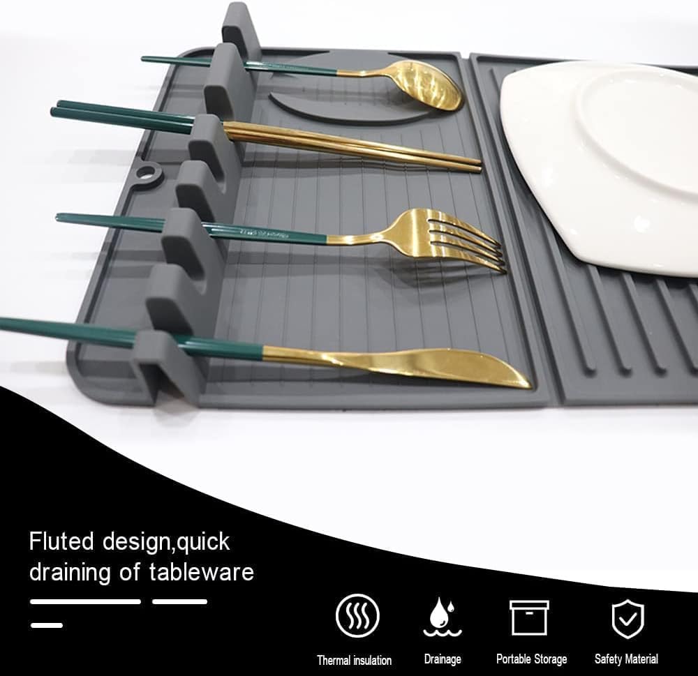 Dhamee Heat Resistant Silicone Dish Drying Mat, Non-Slip Foldable Kitchen Dining Table Sink Mat with Hanger, Multifunctional Dish Drying Mat with Spoon Holder, 40 x 26Cm (1Pcs) 1