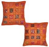 Fundas para cojín de algodón con bordados y tela de retales, diseño de estilo hindú vintage, 41 x 41 cm, color naranja, 2 unidades