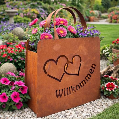 Edelrost Große Handtasche 32x37cm Tasche zum Bepflanzen Willkommen mit 2 Herzen Rost Pflanztasche Blumentopf Windlicht Edelrost Gartendeko