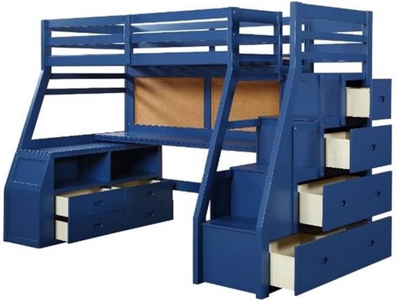 Pemberly Row Twin Loft Bed with Storage, Solid Wood Frame, Blue Finish, 9 Drawers, 2 Open Compartments, Built-in Storage Ladder, Guard Rails, Slat System, Kids Bedroom Furniture