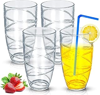 Set of 4 Clear Swirl Plastic Acrylic Drink Tumblers Glasses Hi Ball Glass Party Picnic BBQ Camping Garden (4pc Swirl Acrylic Tumblers Glasses)