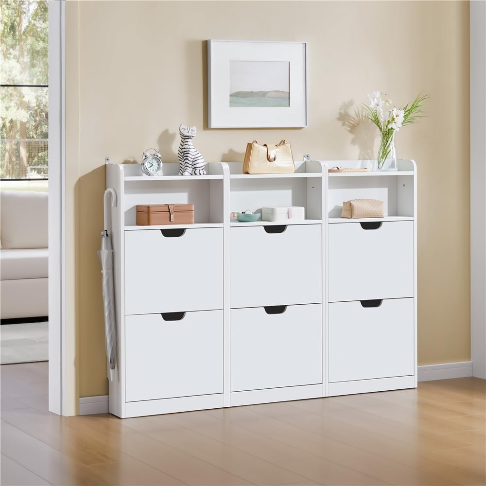 Yaheetech Zapatero Estrecho Mueble Entrada Recibidor con 4 Puertas y 2 Compartimento Abierto Zapatero Moderno Autoportante Armario de Madera Pasillo 100x17x108 cm Blanco