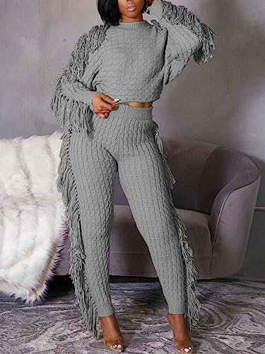 Image of KANSOON Sweater Sets for Women 2 Piece Outfits Knit Tassels Solid Color Long Sleeve Crop Sweaters Long Pants Sweatsuit