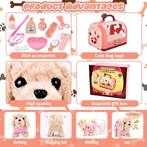 Herefun Hund Spielzeug Kinder, Elektrisch Plüsch Hund, Interaktives der läuft bellt Schwanzwedelt, Haustier Hundespielzeug Elektrisches, Kuscheltier mit Leine Hundekäfig Geschenk Mädchen ab 3 Jahren